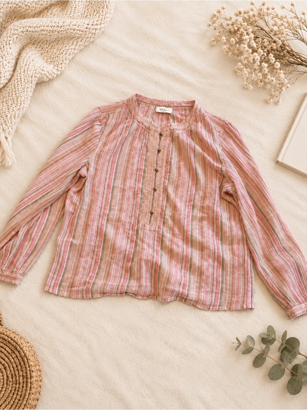 Wrap London Crinkle Cotton Striped Blouse — Boho Top, UK 14/US 10
